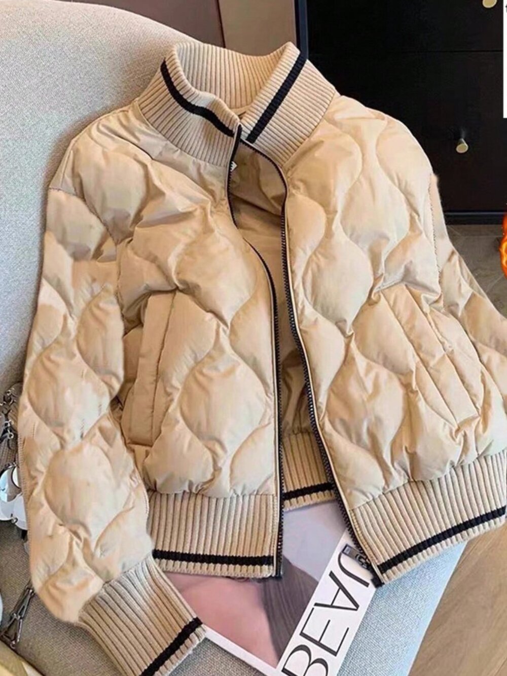 Khaki Casual Women's Gourd Check Cotton Quilted Jacket